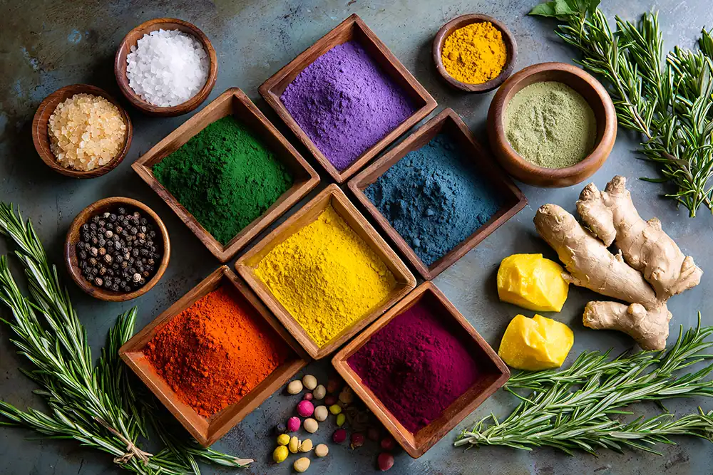 Overhead view of array of colorful spices in small containers surrounded by herbs.