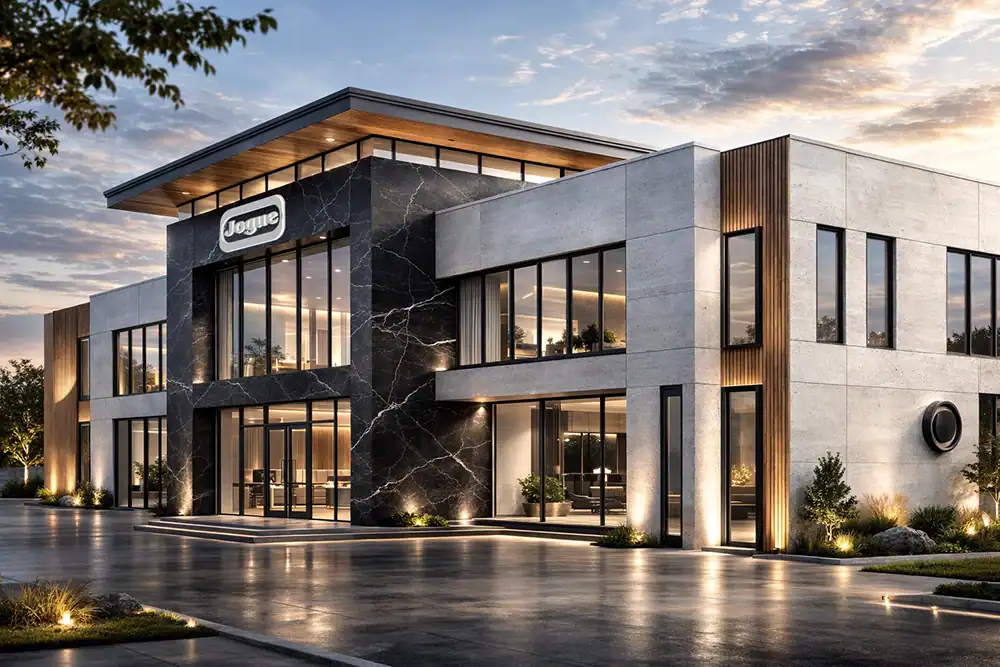 Modern Jogue office building with sleek architecture, large glass windows, and contemporary design, illuminated at dusk, representing innovation and professionalism.