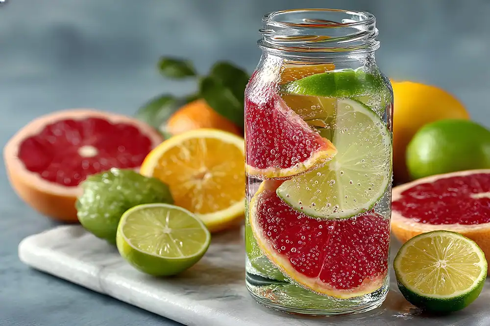 Refreshing Citrus Infused Water for Hydration Glass jar filled with water infused with slices of lemon, lime, grapefruit, and orange, surrounded by fresh citrus fruits on a rustic surface.