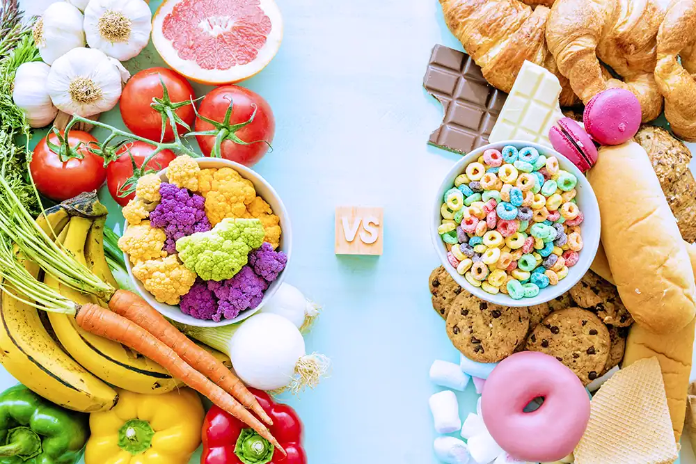 Image comparing healthy foods like fruits and vegetables with unhealthy foods like sweets and baked goods for nutritional contrast.